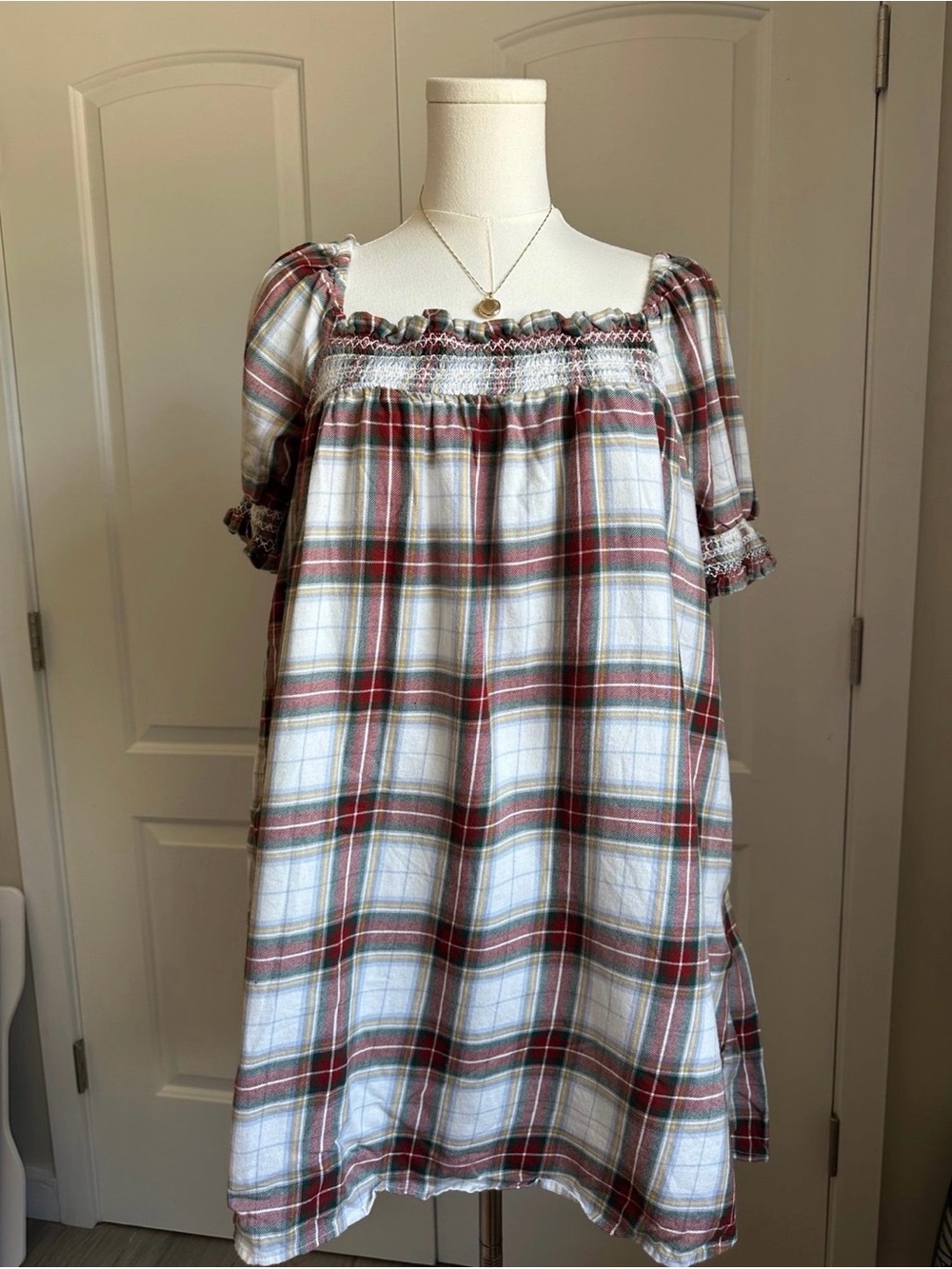 American Eagle Outfitters Plaid Smocked Peasant Dress in Red, Green, White - Picture 2 of 8